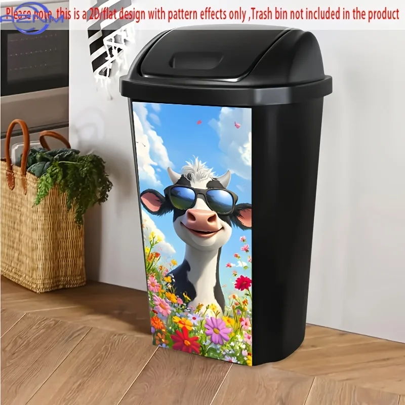 1pc 2D/Flat Trash Can Sticker, .01xcm, Cute cow with Fashion Glasses among flowers pattern, animal trash can sticker, creative