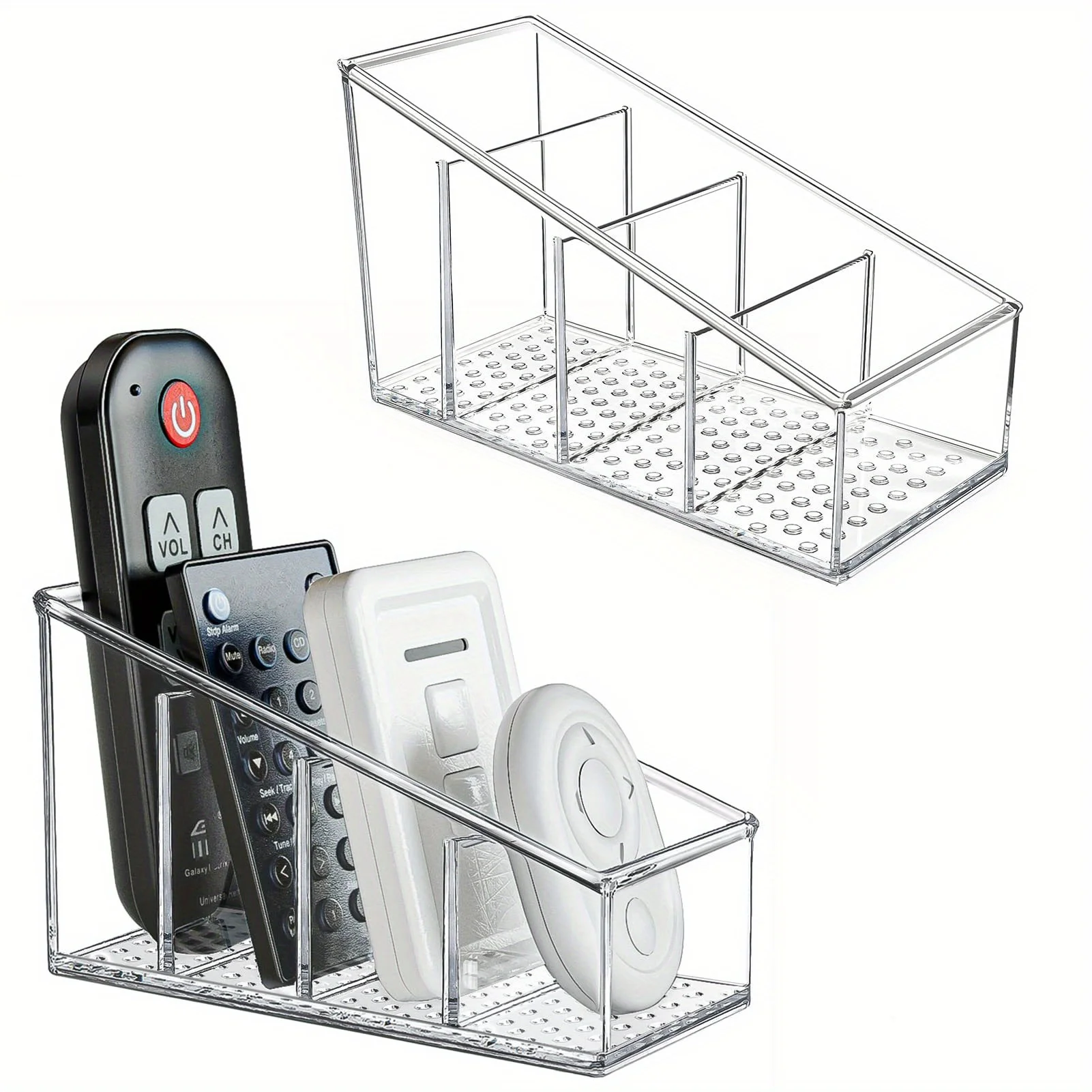 Clear Plastic Remote Control Holder and Desk Organizer with 4 Compartments for Home and Office Use