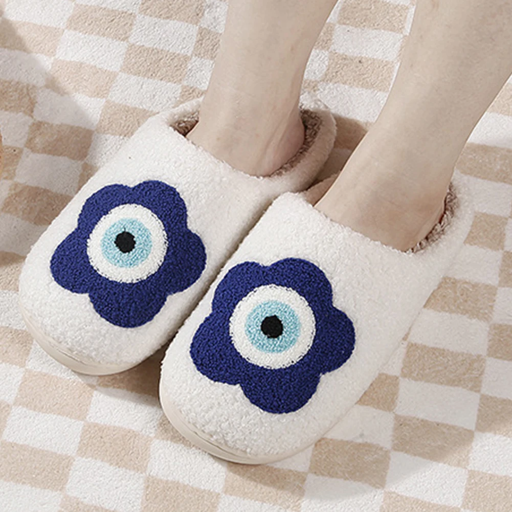 

New Home Women Slippers Eye Pink Flower Embroidered Winter Warm Soft Thicken Sole Houseshoes Warm Non-slip Furry Cotton Shoes