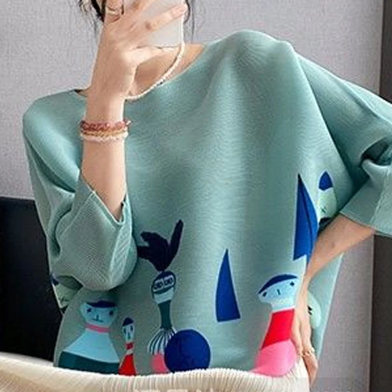 Summer New Round Neck Three Quarter T-Shirts Women High Street Casual Loose Y2K Printing Pullovers Elegant Pleated All-match Top