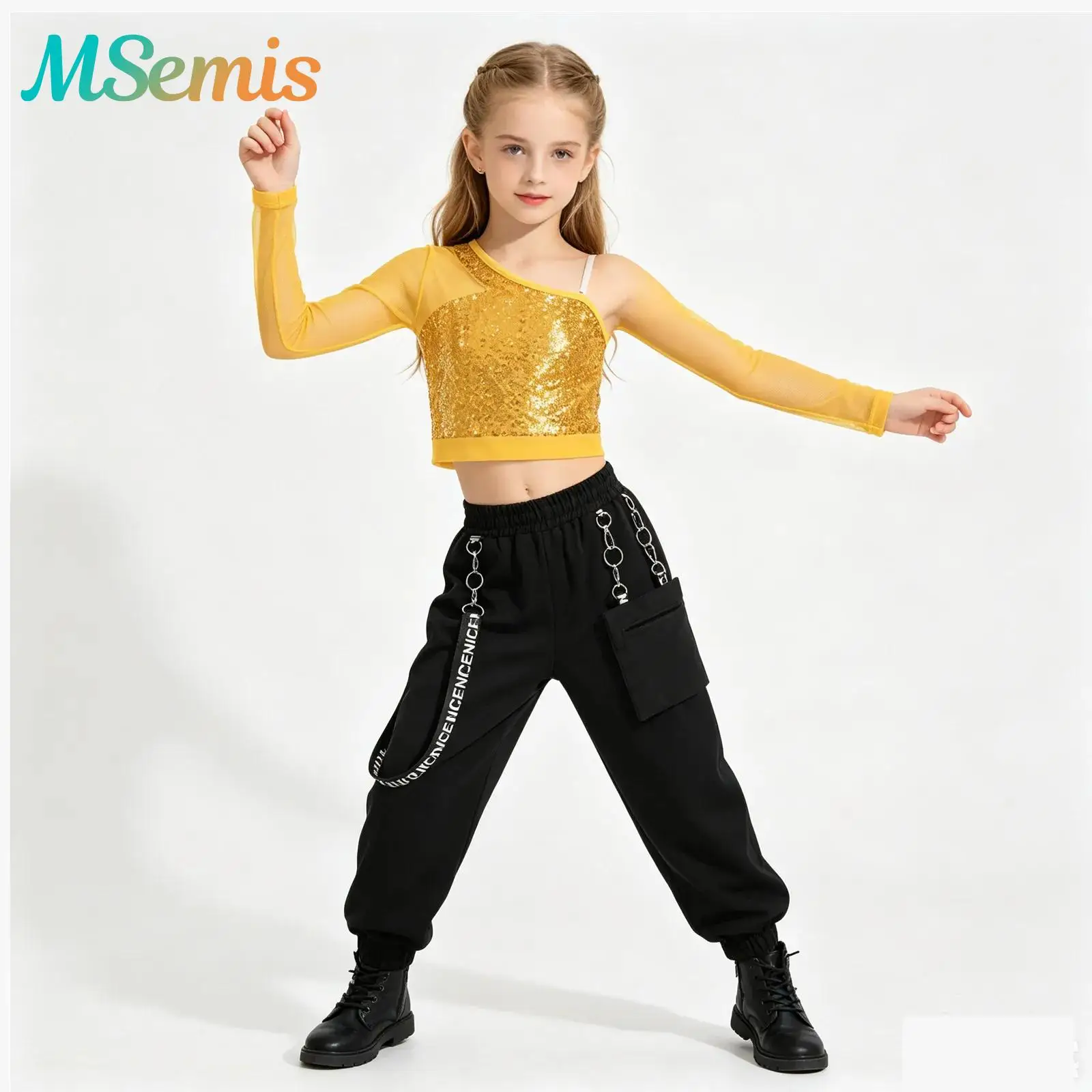

Kids Girls Hip Hop Jazz Dance Outfits Performance Costume Sparkly Sequins Sheer Mesh Crop Top with Metal Chain Pocket Pants