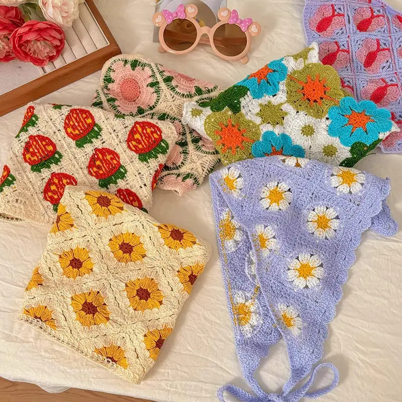 

Корейский сладкий цветок треугольный платок для женщин вязаный крючком полый повязка на голову полотенце для девочек путешествия литературный фотоаксессуар шарф для волос ﻿