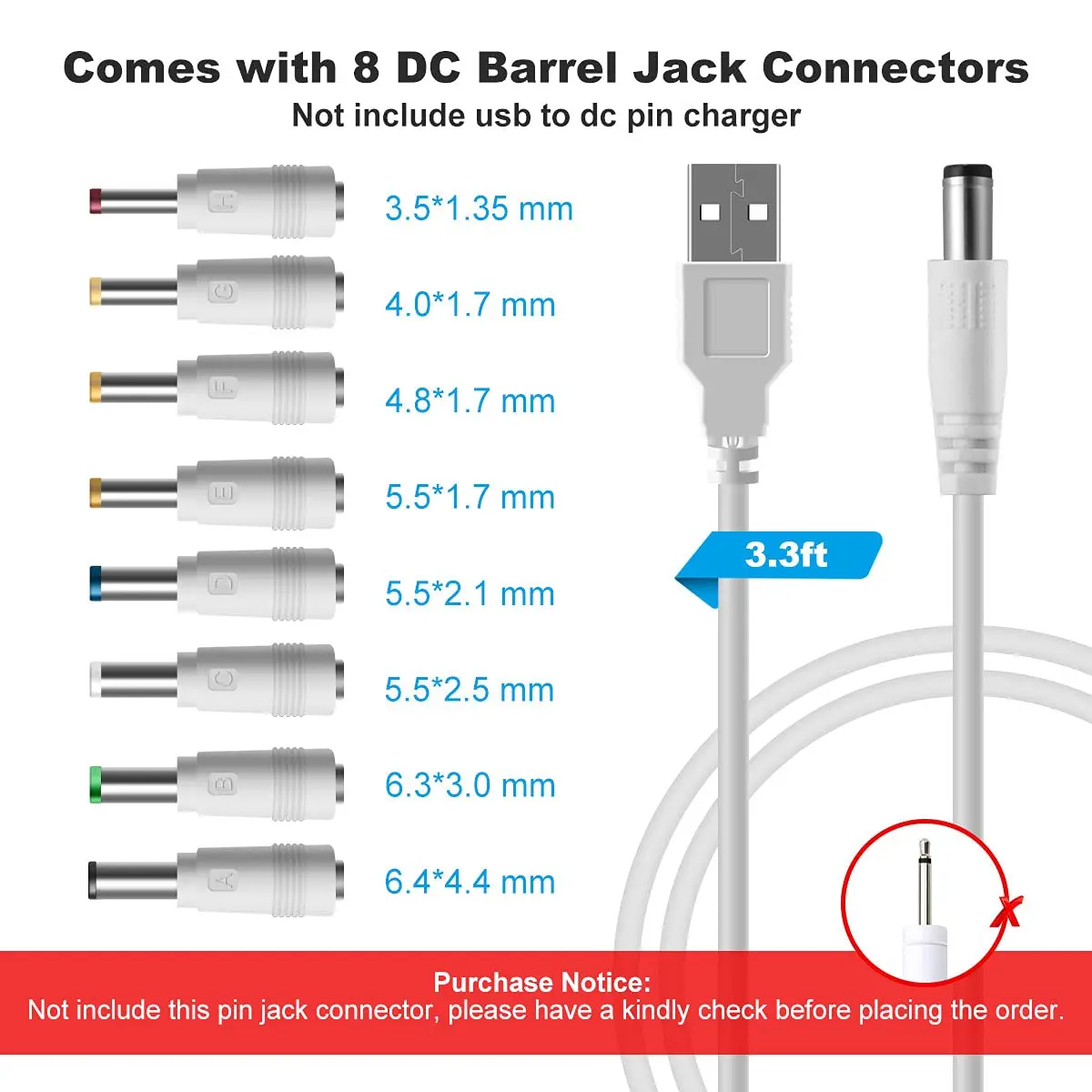 Kabel zasilający USB do DC, uniwersalny kabel 5V DC 8 w 1 kabel zasilający z 8 wymiennymi wtyczkami Adapter złącza