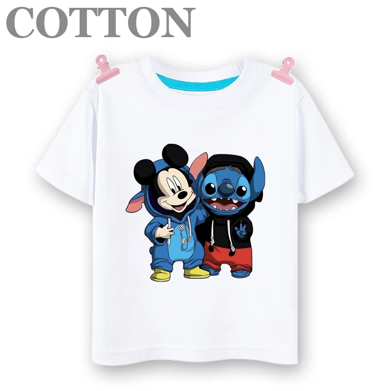 Disney Stitch and Friends Anime Summer Fashion Cotton Children\'s T-shirt Multiple Round Neck Short Sleeve Print Patterns