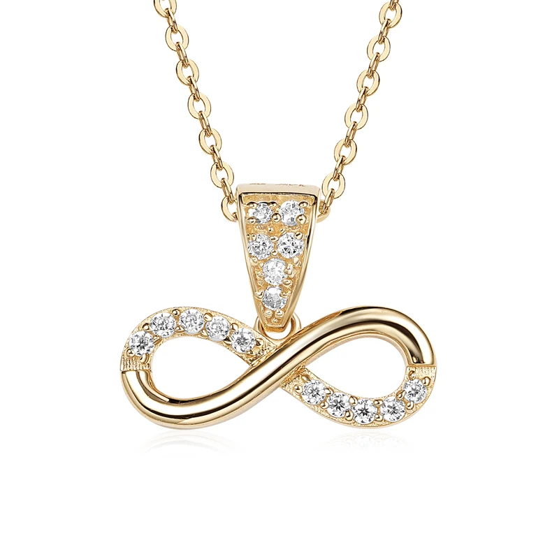 Raprgold 14K Solid Gold Cubic Zirconia Infinity Pendant with 925 Silver Link Chain 20'' Women's Gift Double Ring Necklace