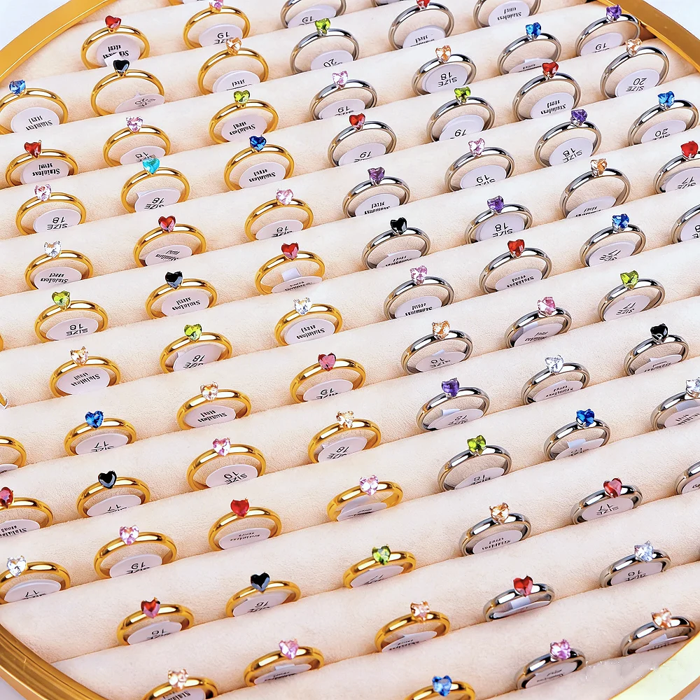10/20/30/50Pcs/Lot Fashion Colorful Zircon Heart Stainless Steel Rings For Women Mix Color Trendy Wedding Gifts Party Jewelry