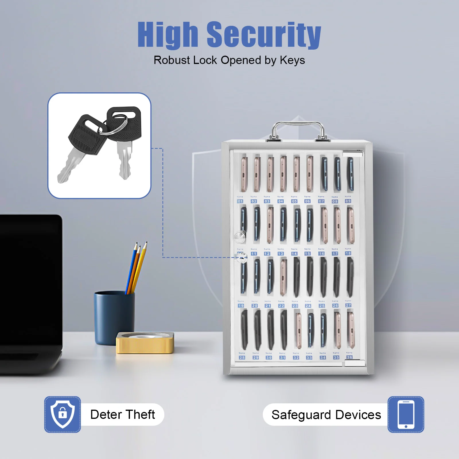 

36-Slot Stainless Steel Phone Storage Cabinet W/ 2 Keys & Number Labels, Wall Mount / Freestanding Lockable Cell Phone Organizer