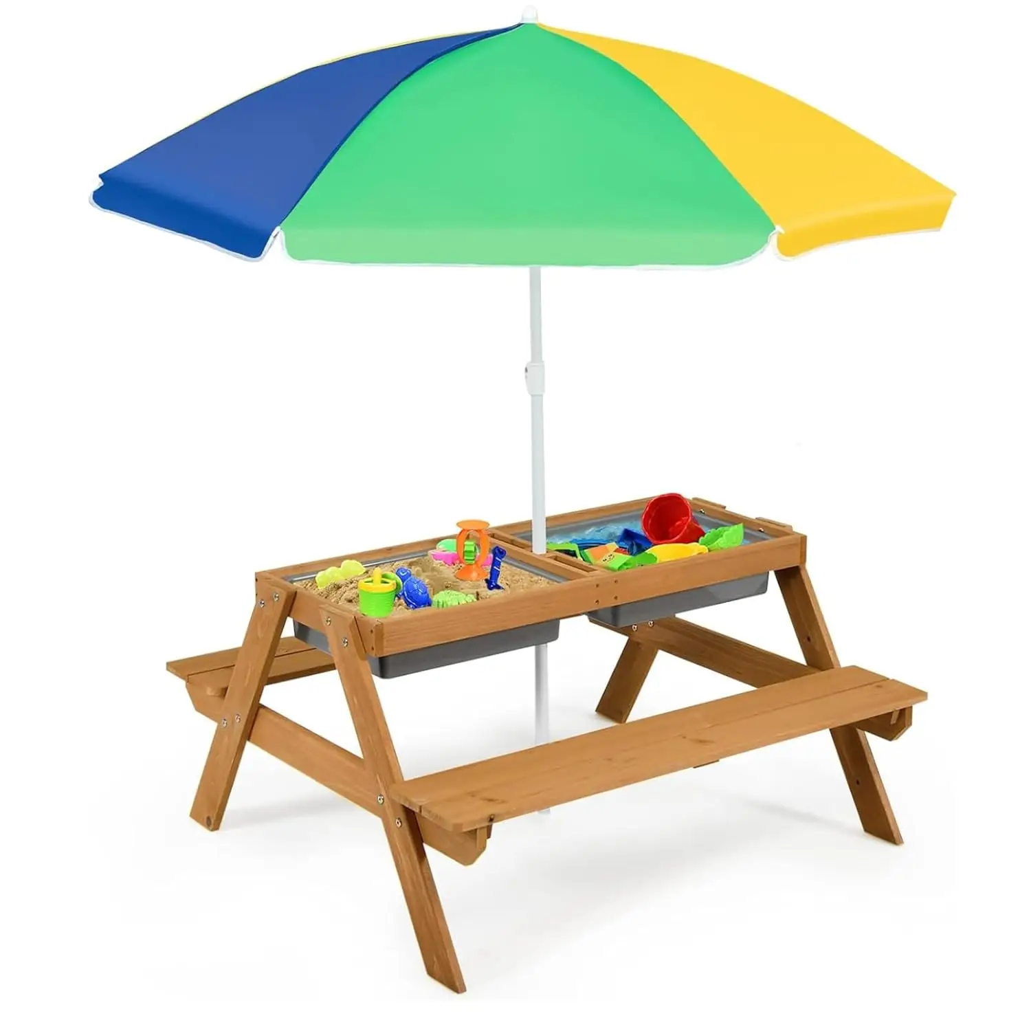 

4 in 1 Cedar Wooden Sand Water Picnic Table w 2 Removable Box Umbrella Outdoor Backyard Garden Toddler Furniture Set, Customized