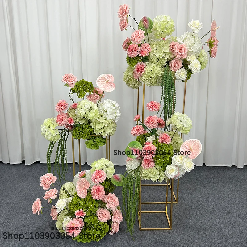 Rosa-grünes künstliches Blumenarrangement, luxuriöse Hochzeitsdekoration für den Gang, Säulen-Blumendeko, Hotel-Bankett, europäisches Tischblumen-Centerpiece – Detail 3