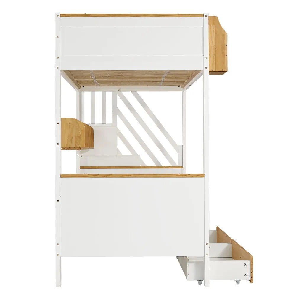 PINGGO Weißes Naturholz-Etagenbett 90x200cm mit Stauraum-Treppe, 4 Schränken, 2 Schubladen, offenem Regal, Fallschirmgitter, Kiefer+MDF, ohne Matratze – Detail 17