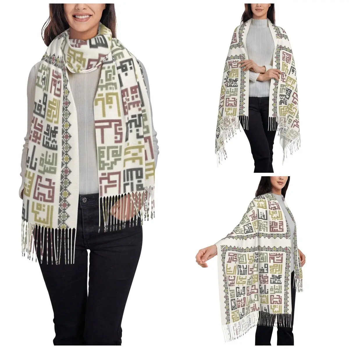 Arabic Folk Kufiya Hatta Traditional Keffiyeh Scarf for Womens Warm Winter Shawls and Wrap Large Scarves with Tassel Ladies