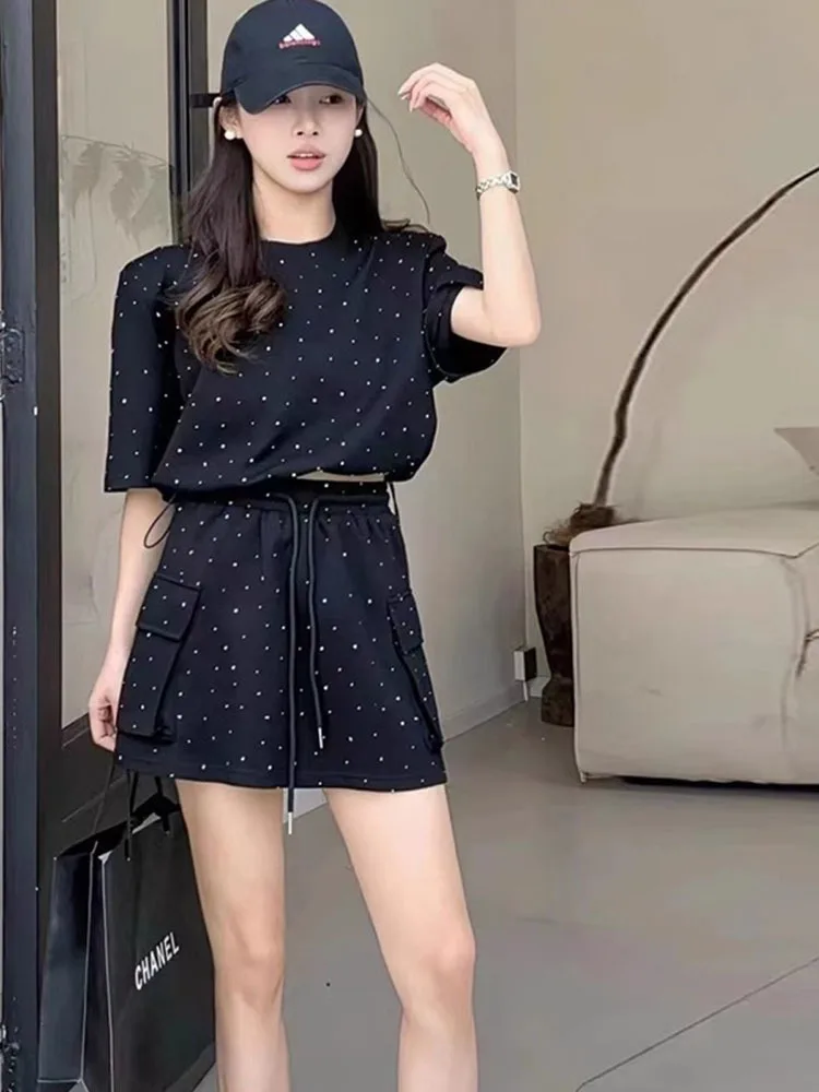 Diamond Studded Loose Short Skirt Women Set Summer O-neck Short Sleeved T-shirt Versatile Lace Up High Waisted Skirt Two Piece