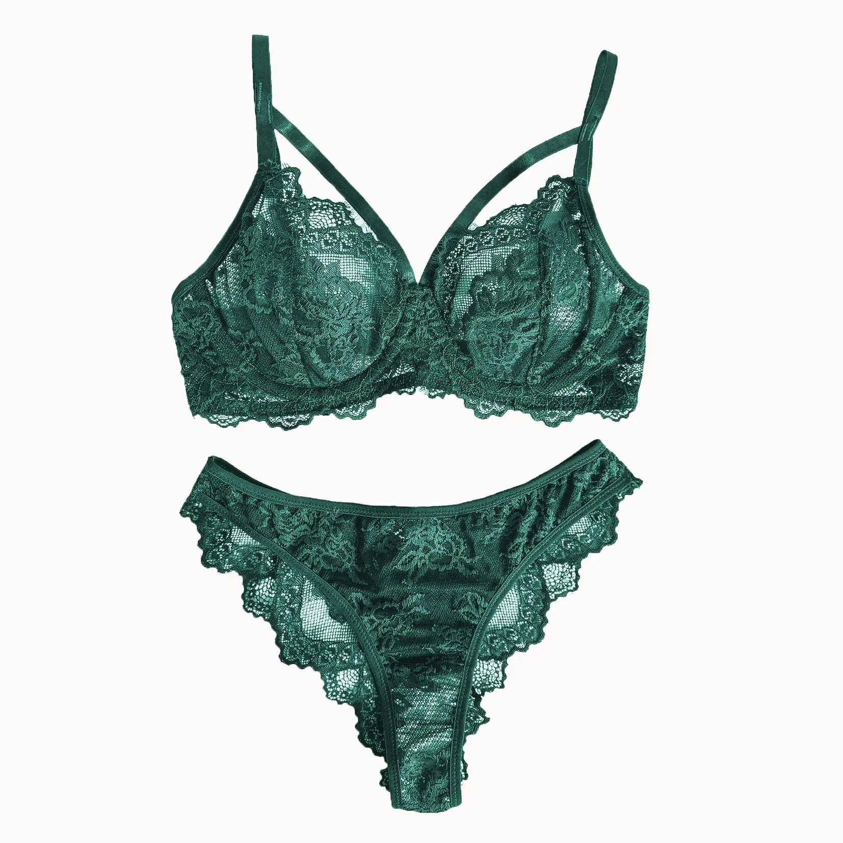 Damen-Dessous und Unterwäsche, Wimpern-Sexy-Bügel-BH mit ausgefallener Spitze und brasilianischen Höschen im Victoria-Stil