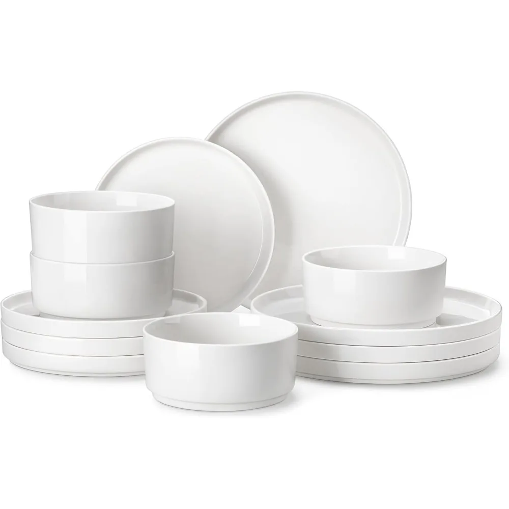 

12 Pieces Dinnerware Set, Modern White Dish Set for 4, Premium Serving Plates and Bowls Sets, Chip and Scratch Resistant