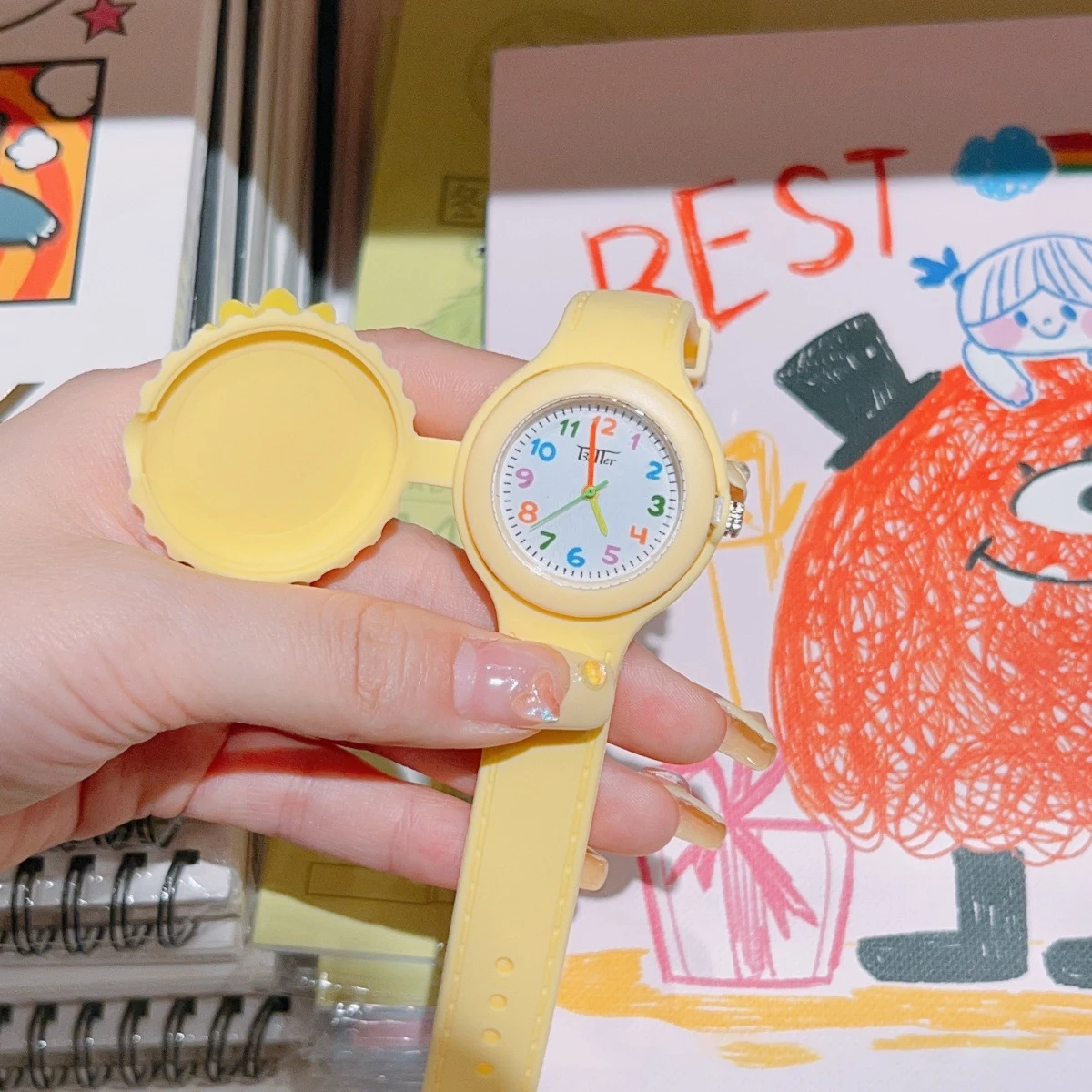 Relógio infantil fofo com capa flip de desenho animado, adequado para meninos e meninas, alto nível de aparência, relógios de silicone gelatinoso