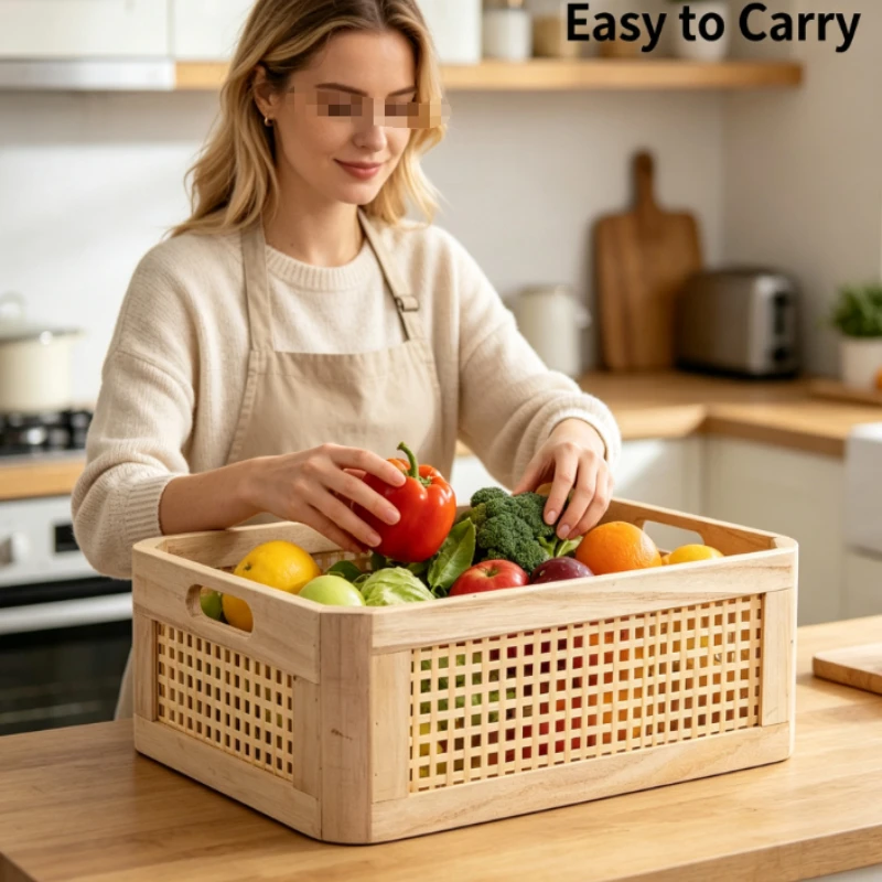 Wooden Storage Basket Organizer Rectangular Natural Solid Wood With Woven Rattan Panels And Side Handles For Home