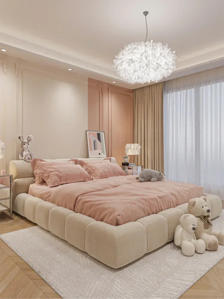 كريم نمط السرير صافي الأحمر سحابة نفخة سرير أنثى 1.8 متر تكنولوجيا النسيج السرير الخفيفة الفاخرة والبساطة الحديثة #3