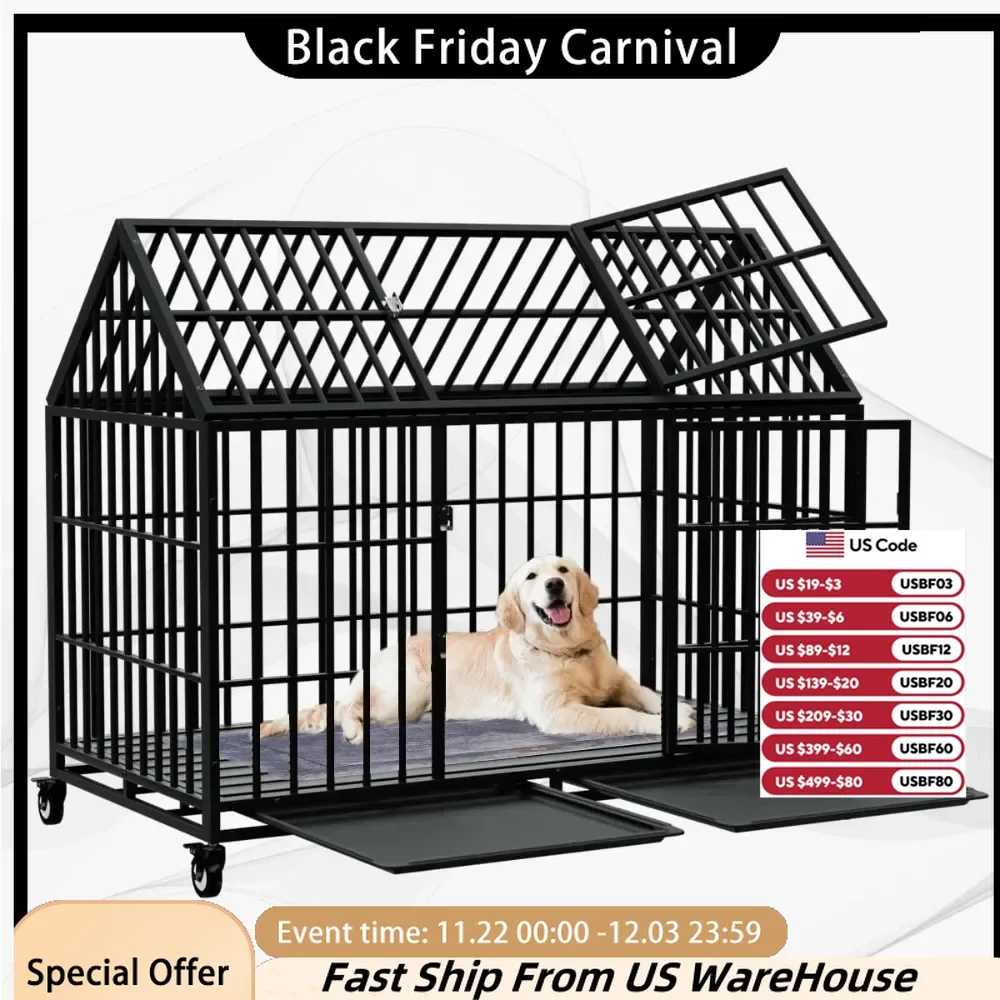 54/48 Inch Dog Crate Large Dogs Cage Strong Metal Dogs Kennels and Crates for Large Dogs Top Open with Wheels 2 Removable Trays