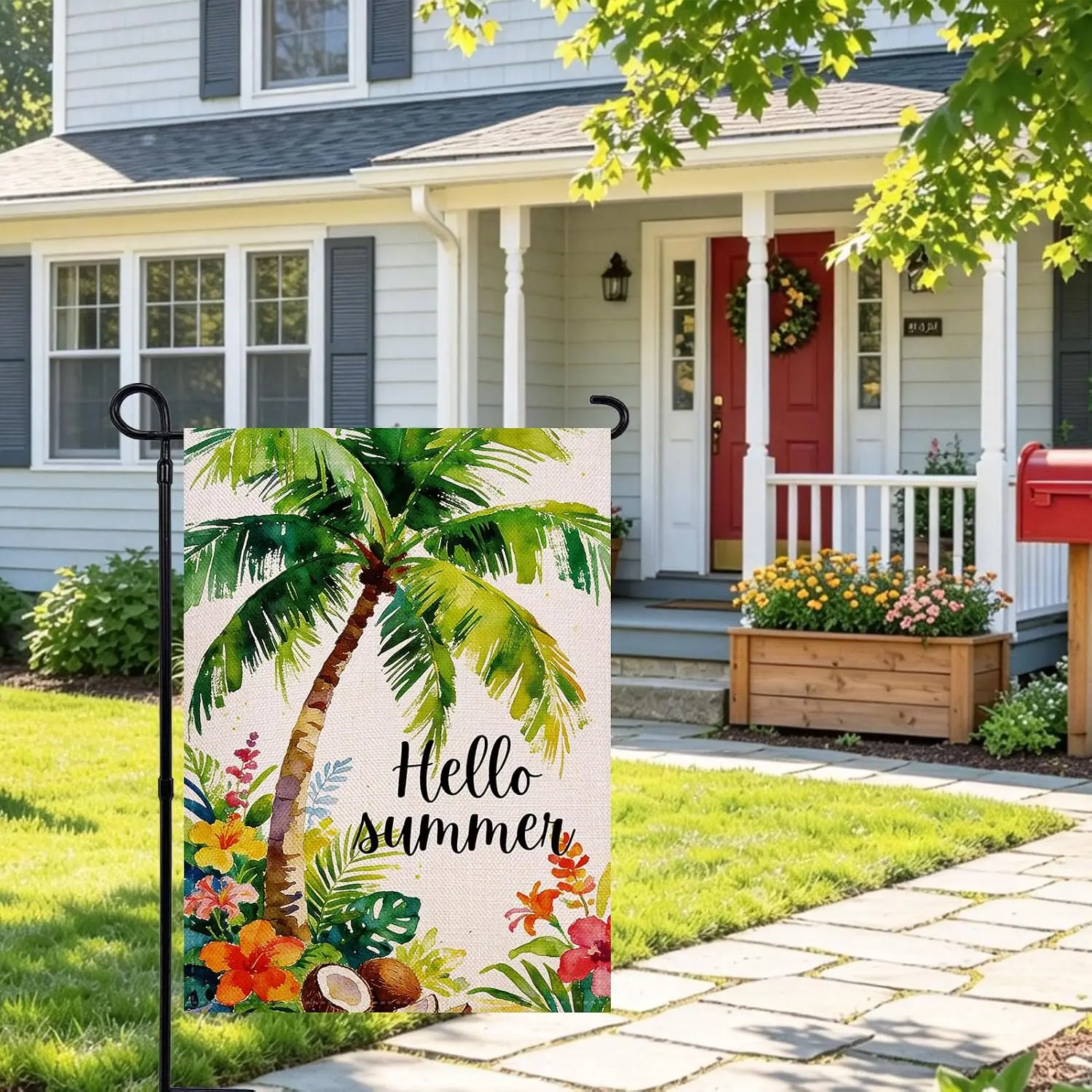 Hello Summer Tropical Palm Tree Garden Flag 12.5 x18 Inch Double Sided Outside, Sunshine Yard Outdoor Decoration yyi