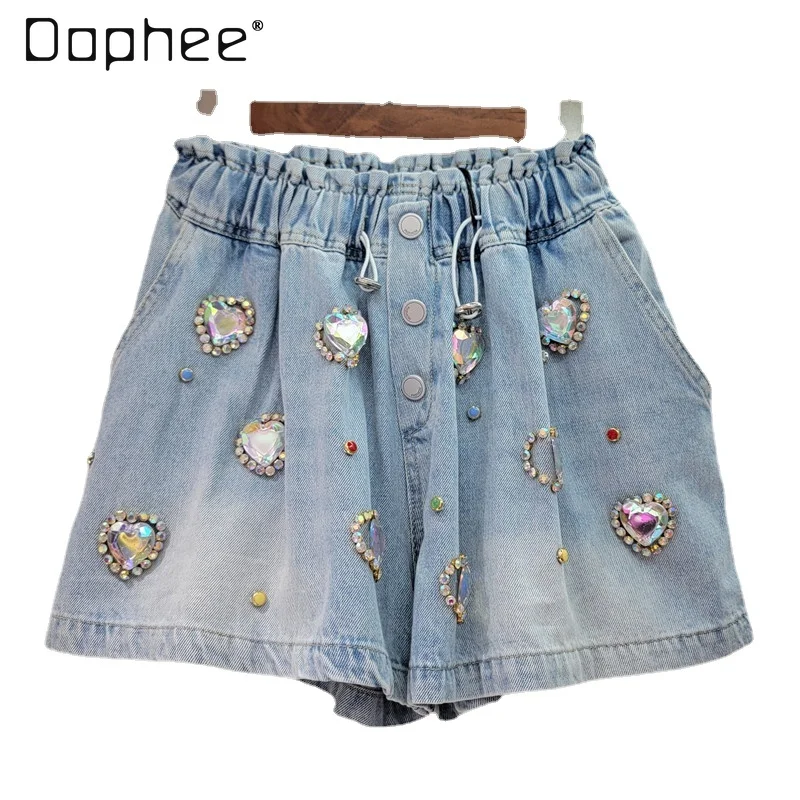

Heavy Industry Diamond Beaded Denim Shorts for Women 2024 Summer New Elastic Waist Lovely Rhinestone High Waist Wide Leg Shorts