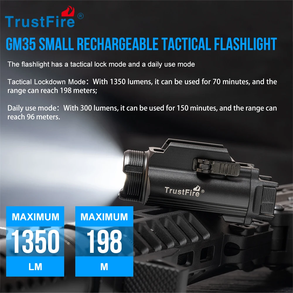 Trustfire GM35 Mini Pistol Tactical LED Flashlights 1350LM Weapon Gun Lights Compact USB Rechargeable Quick Release 1913/GL Rail