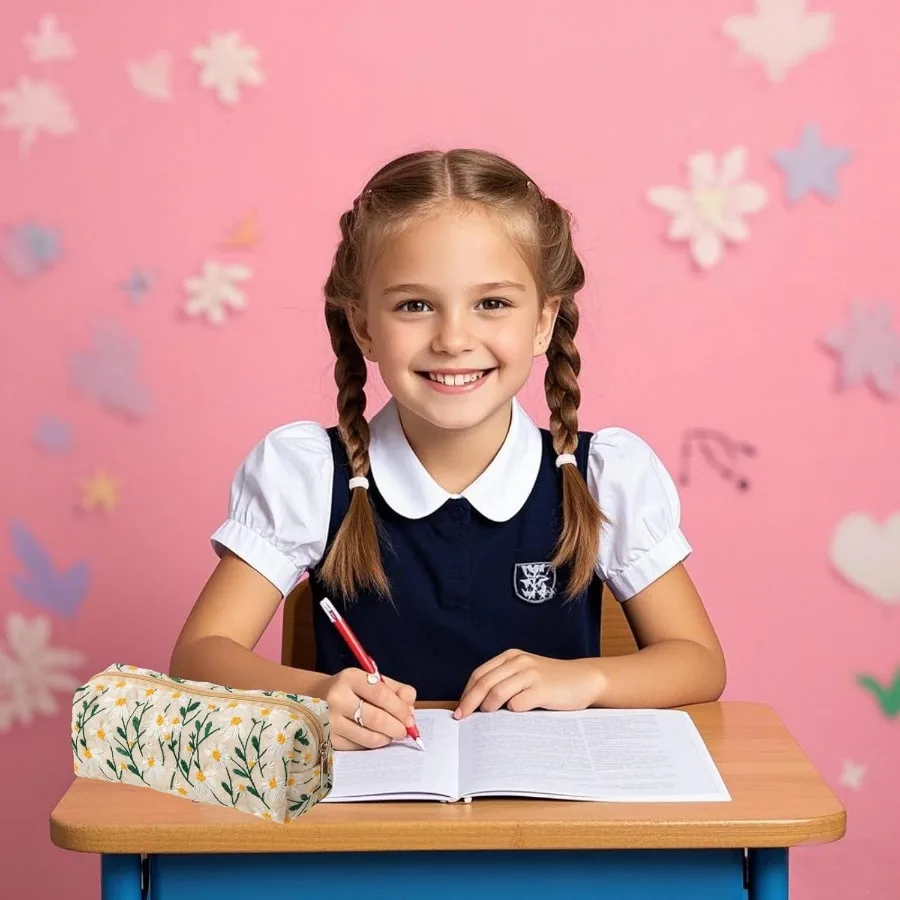 حقيبة أقلام رصاص جمالية لطيفة مع سحاب للفتيات - لوازم مدرسية بتصميم زهور الأقحوان وحقيبة مكياج مثالية للفصول الدراسية #5