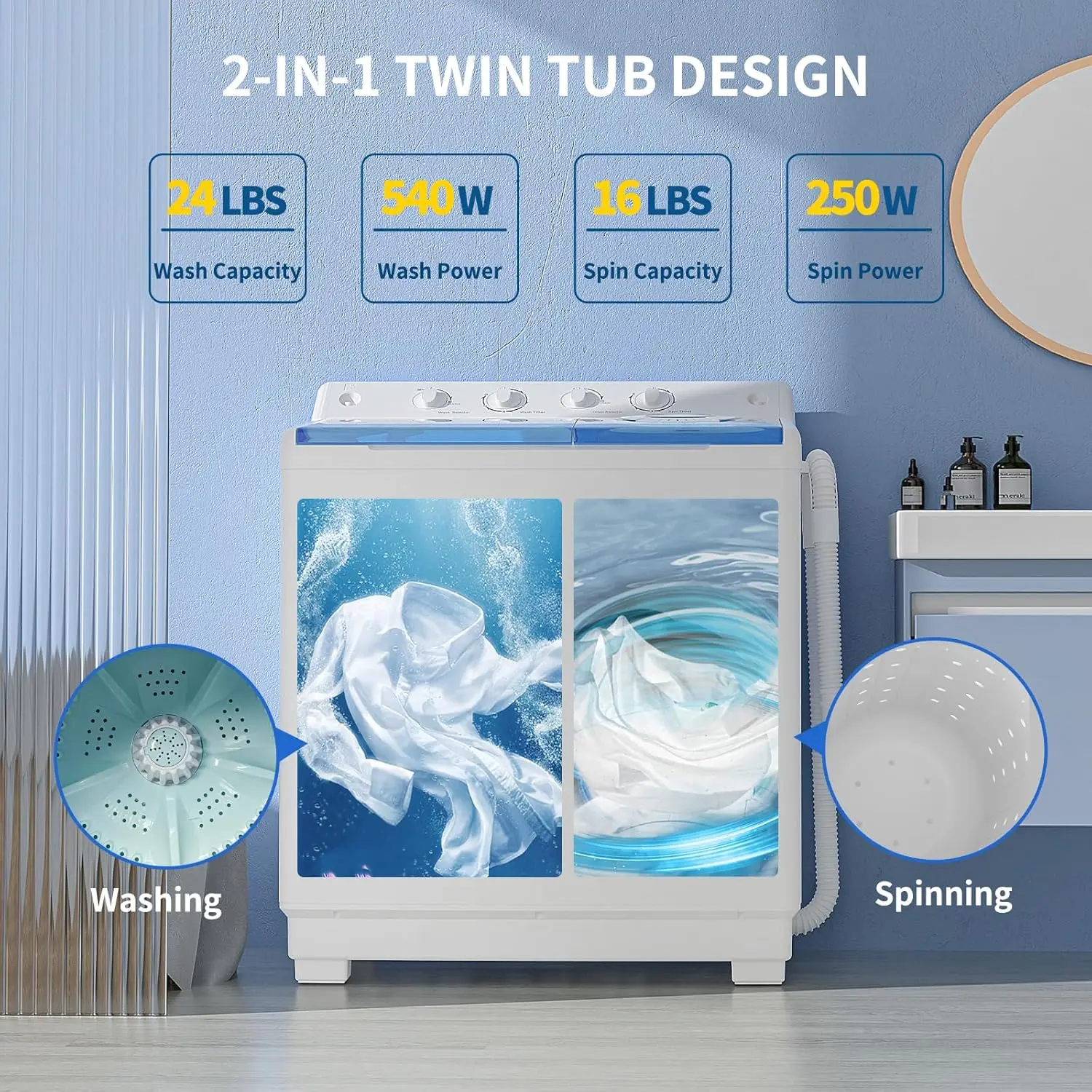 Portable Washing Machine, 40Lbs Compact Washing machine, Twin Tub Laundry Washer Machine with Built-in Drain Pump, Semi