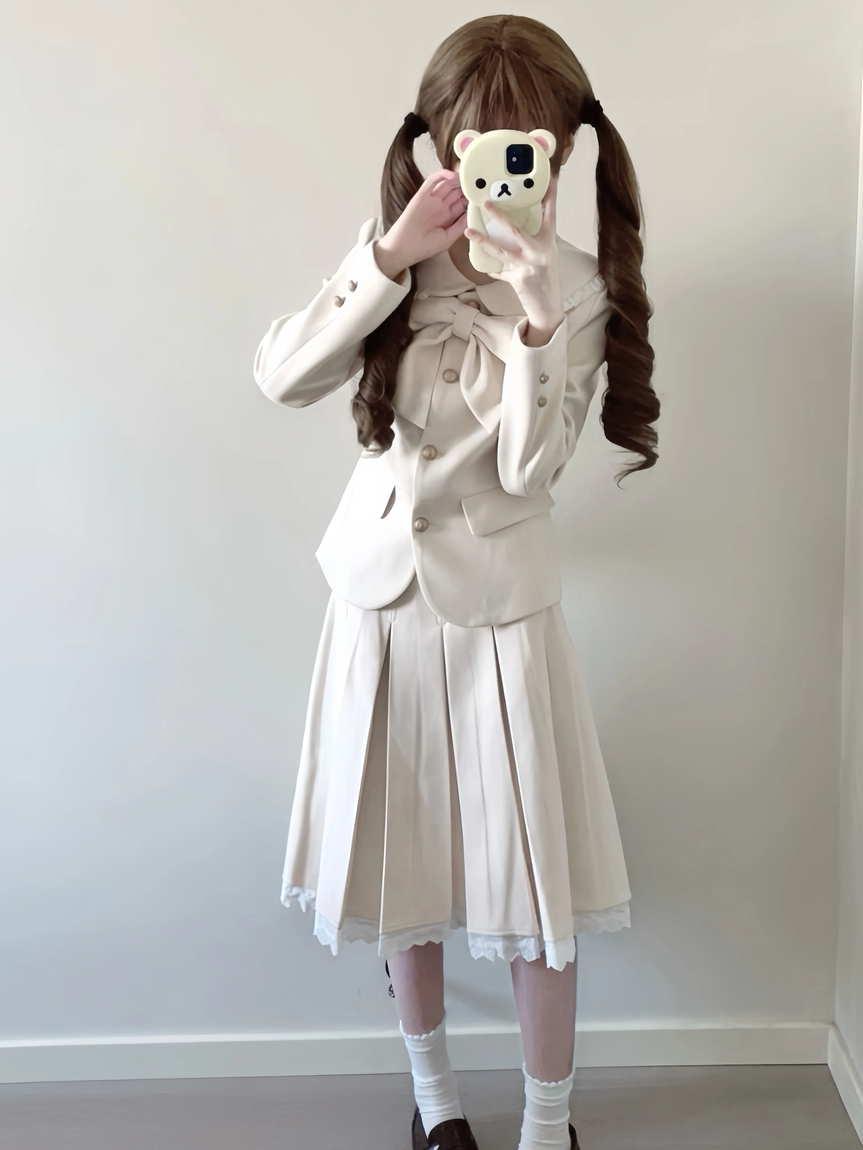 2025 Autumn Winter New Hot Sale Off-White Bow Woolen Lapel Blazer High-Waisted Lace Skirt College Style JK Uniform Set
