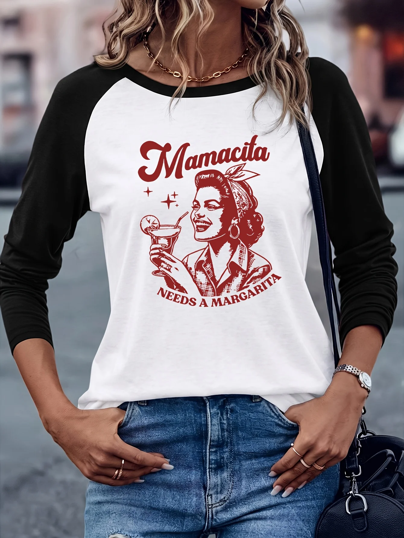 Women's Vintage Mamacita Needs A Margarita T-Shirt Retro Spanish Phrase Print Raglan Long Sleeve Tops Funny T Shirt Clothes Y2k
