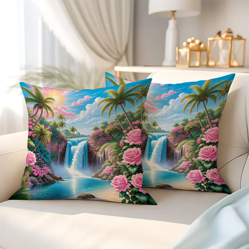 1pc 2D Flat (Pillow Not Included) Tropical Waterfall Palm Trees Roses Cushion Cover Short Plush Exotic Landscape Decor Throw