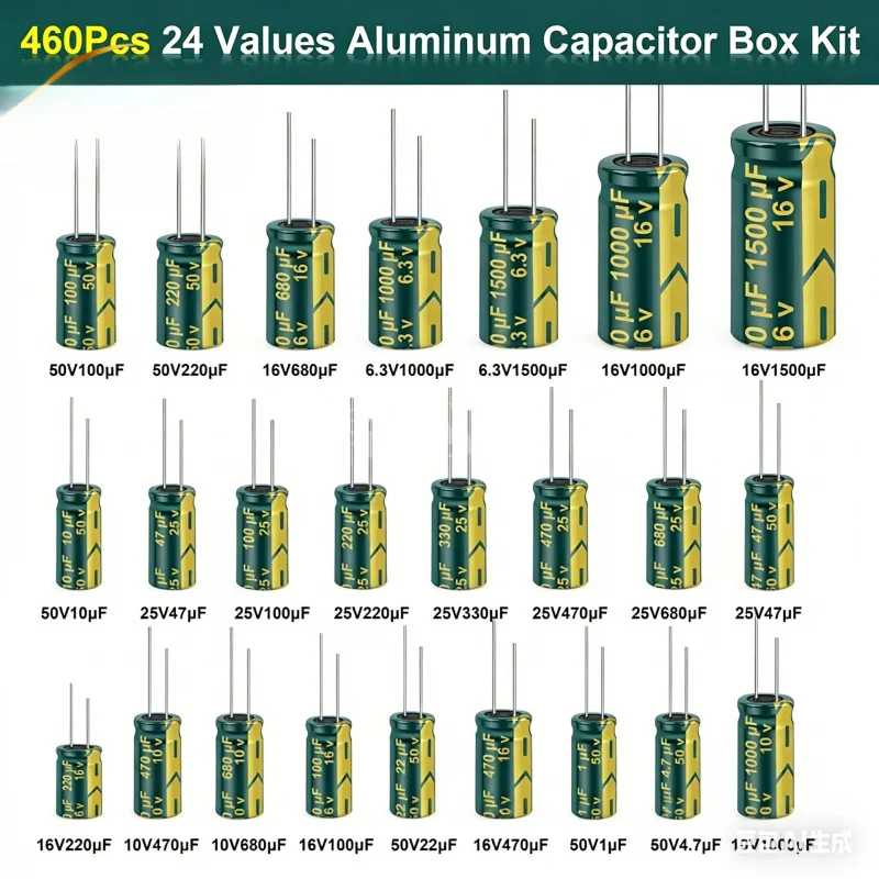 24 Kinds Green High Frequency Electrolytic Capacitor 460PCS Radial Aluminium Capacitor Repair Components Set