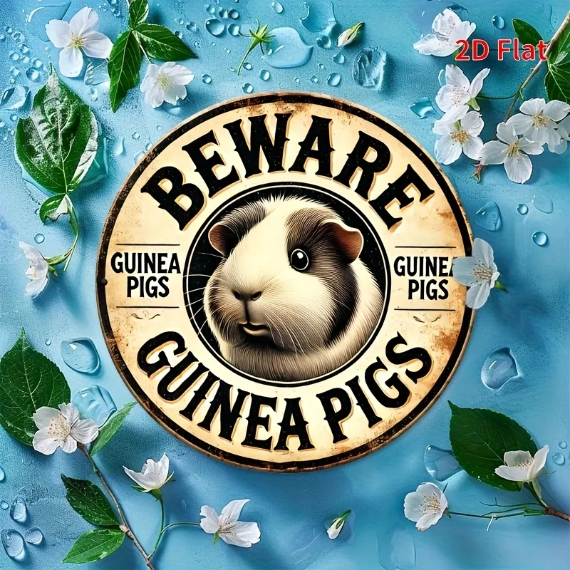 1 Stück Vintage-Aluminium-Rundschild für die Wanddekoration – rustikales Meerschweinchen-Design mit „BEWARE Meerschweinchen“-Text, 2D-Flachmetallschild für