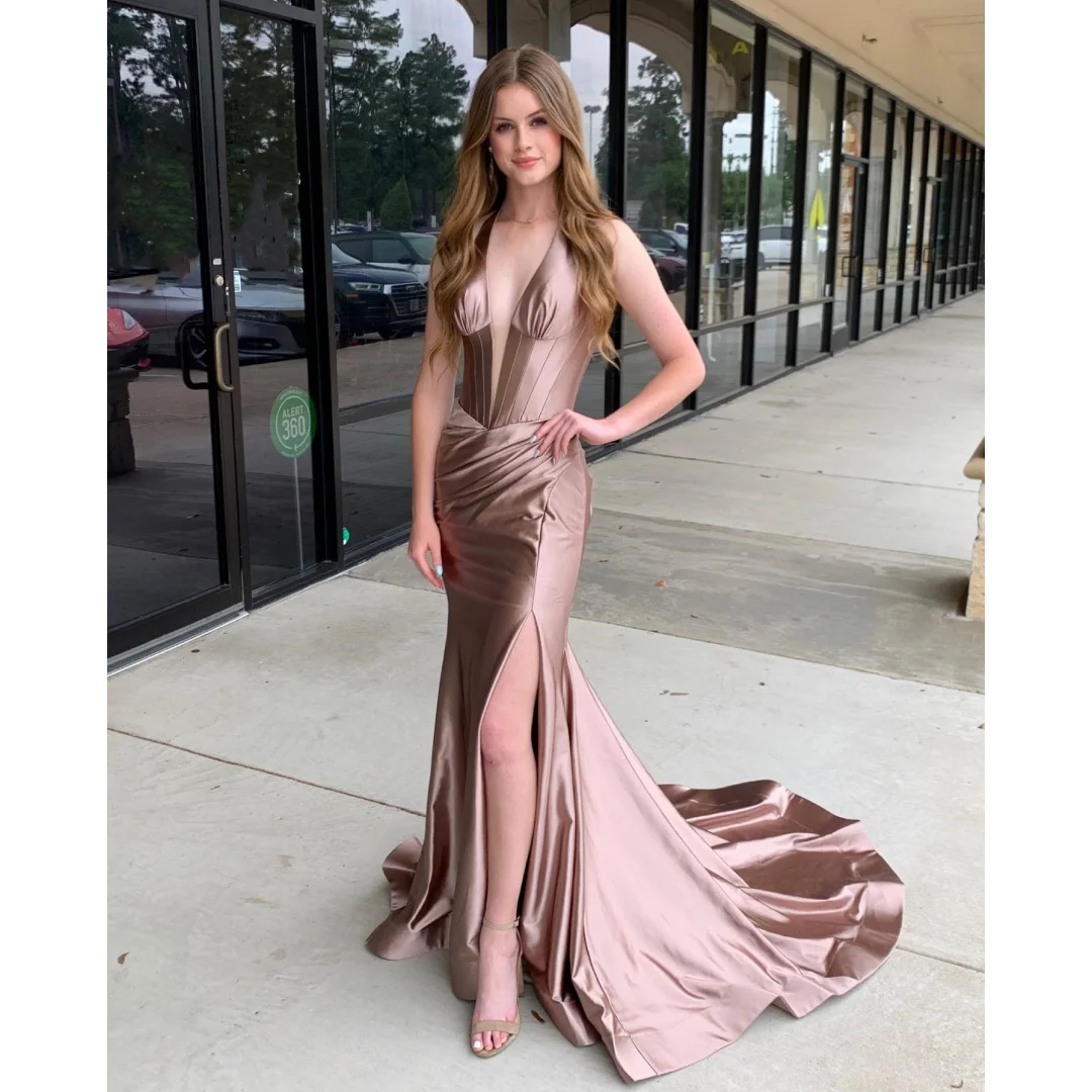 Satin Deep V-neck Evening Dresses Elegant Sleeveless High Split Prom Dress With Pleats Ruffles Bodycon Floor-Length Wedding Gown