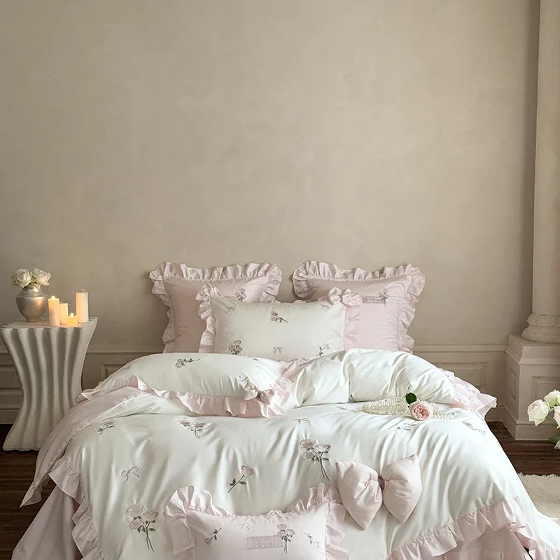 4Pcs Rose Embroidery Bow Ruffles Princess Wedding Bedding Set Premium 1000TC Egyptian Cotton Duvet Cover Bed Sheet Pillowcases