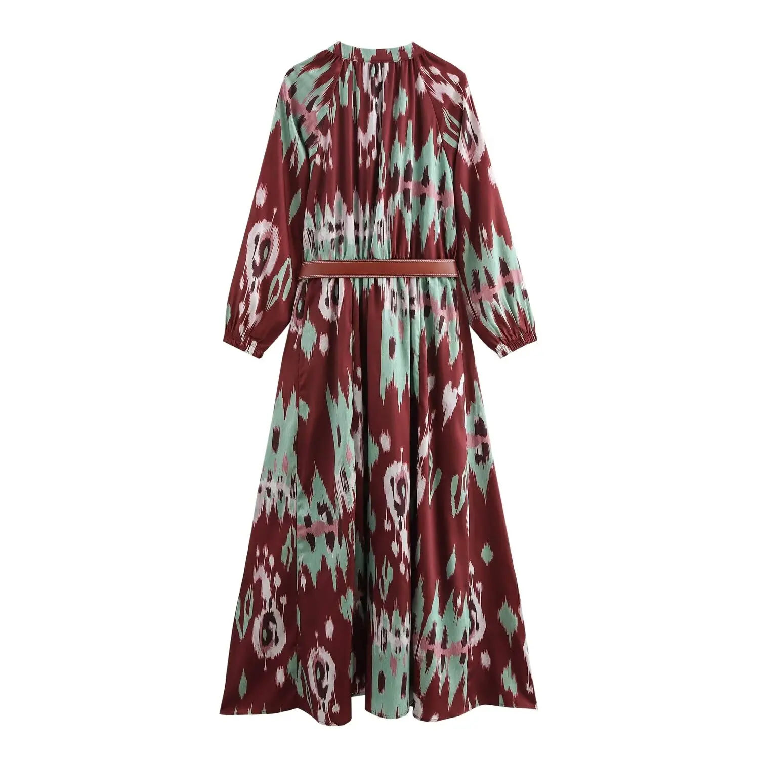 TRAFZA Women Vintage Dyed Dress Printed Belt Button Satin Textured Dress 2025 Spring/Summer New Product Glamour Features Dress