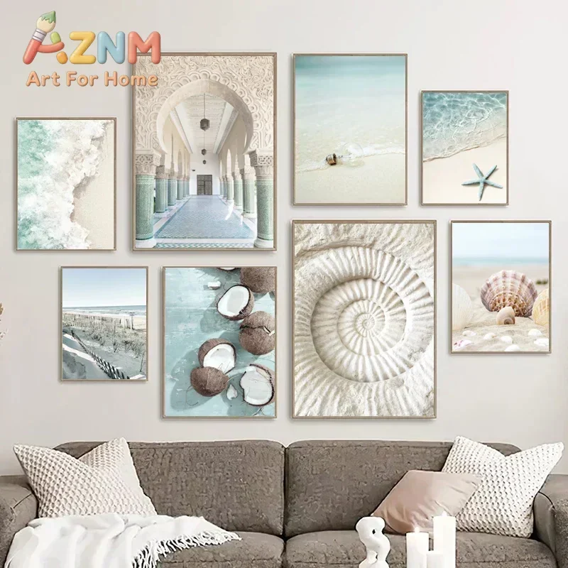 AZNM Coastal Beach Canvas Wall Art Seashell Starfish Morocco Archway Poster, Unframed Canvas Print for Boho Beach House Decor
