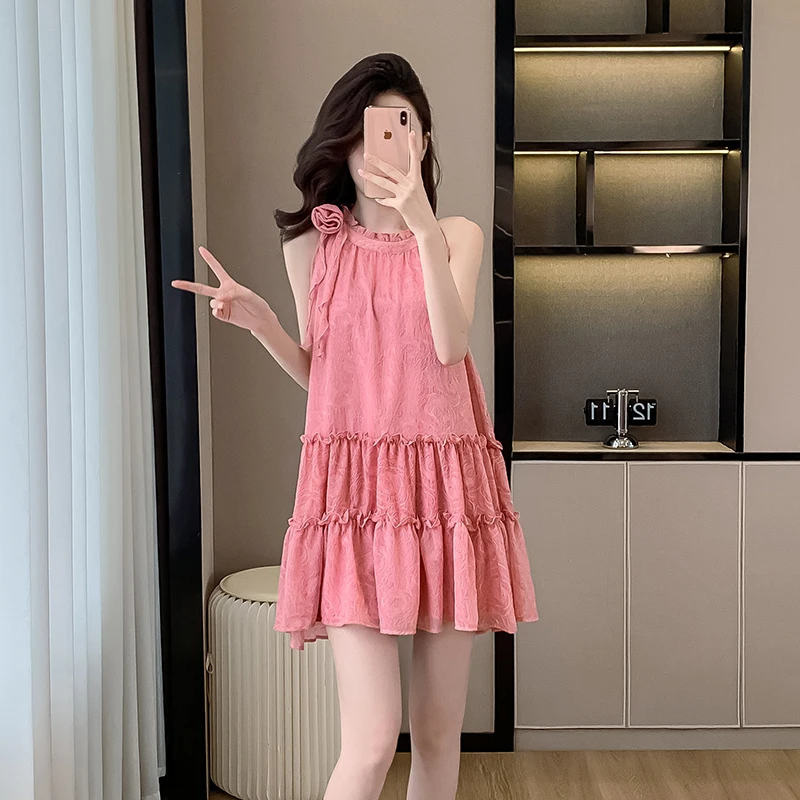 Summer Dopamine Pink Sleeveless Temperament Dresses Women's 2024 New O-Neck Niche Casual Sweet A-Line Chiffon Mini Dress