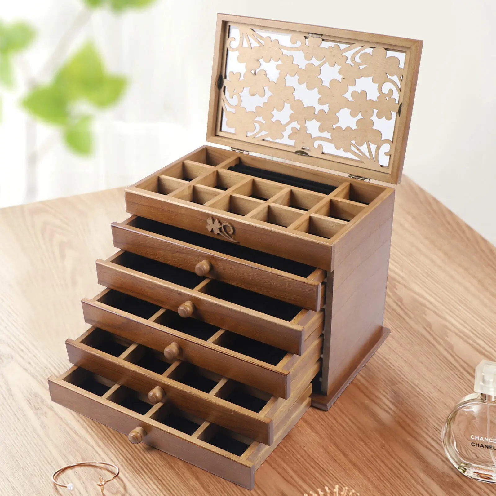 Retro Wooden 6 Layers W/5 Drawers+35 Slots Mens Womens Jewelry Box Watch Organizer Necklace Ring Earring Storage