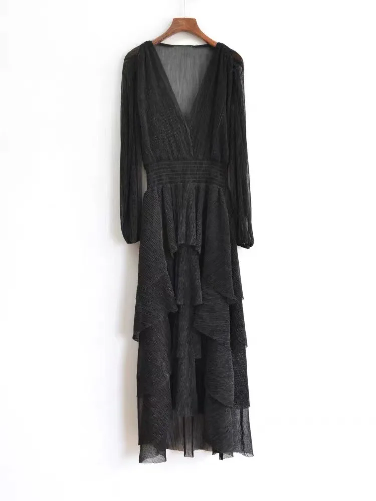 

Женское элегантное платье с v-образным вырезом и короткими рукавами, облегающее повседневное вечернее платье макси с каскадными оборками