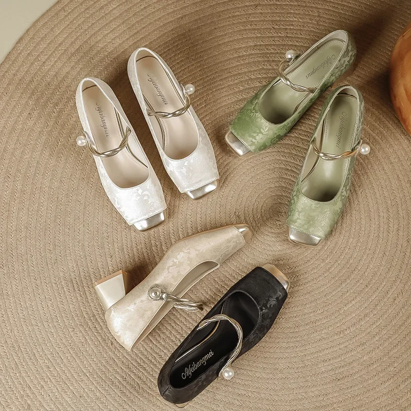 

Блузка с рукавами Цветная обувь Мэри Джейн с квадратной головкой Повседневная обувь для отдыха на толстом каблуке без шнуровки на резиновой подошве