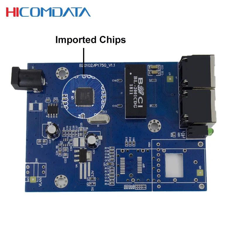 HICOMDATA 100M Fiber Optic Media Converter 5 3 Ports 1 SFP 4 RJ45 1 SFP 2 RJ45 20km SC Port Isolated Fiber Transceiver PCBA