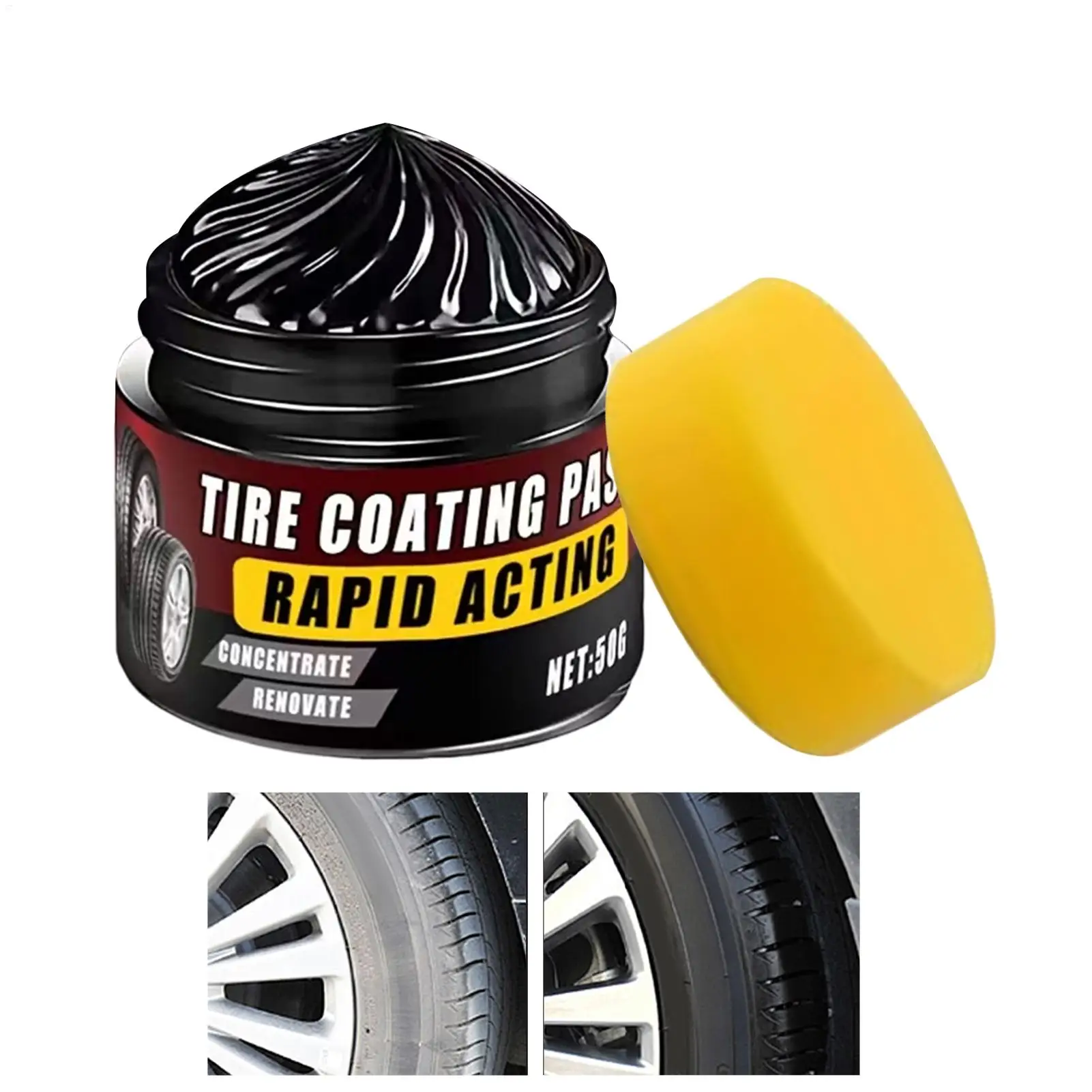 Tire and Trim Restorer 50g Coating Paste with Sponge Wheel Trim Restorer Wax for Indoor Outdoor Garage Cars Wheel Automotive