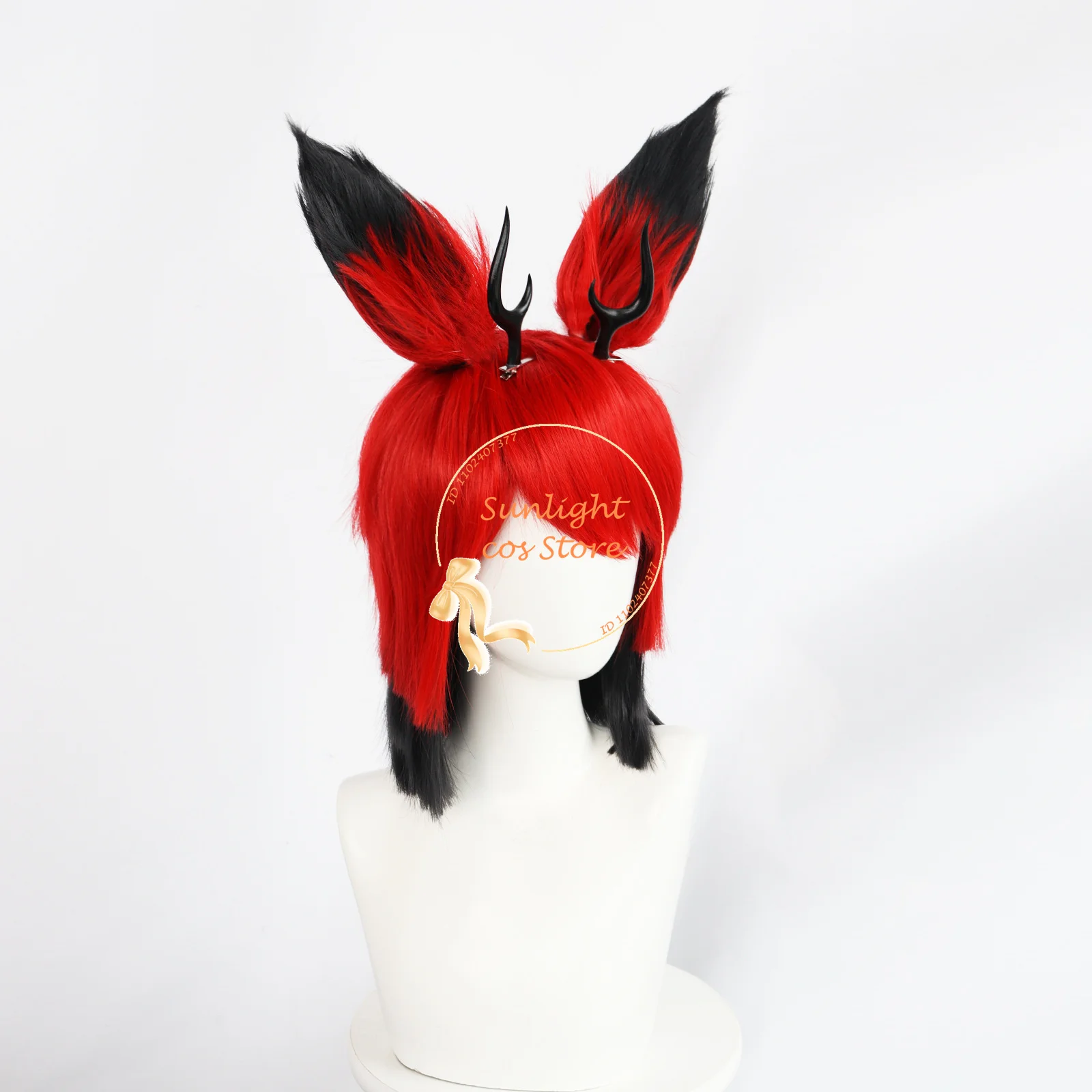 Hotel Alastor Cosplay Wig Red Black Short Wigs Alastor Anime Wig Ear Heat Resistant Synthetic Hair Halloween Wigs + Wig Cap