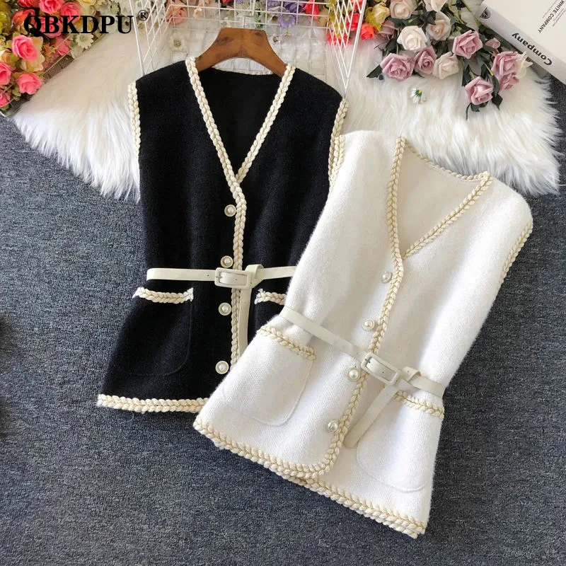 Vintage Cropped Knitted Sweater Vest Jacket Women Korean Pearl Button Belted Waistcoat Casual V-Neck Sleeveless Short Tank Tops