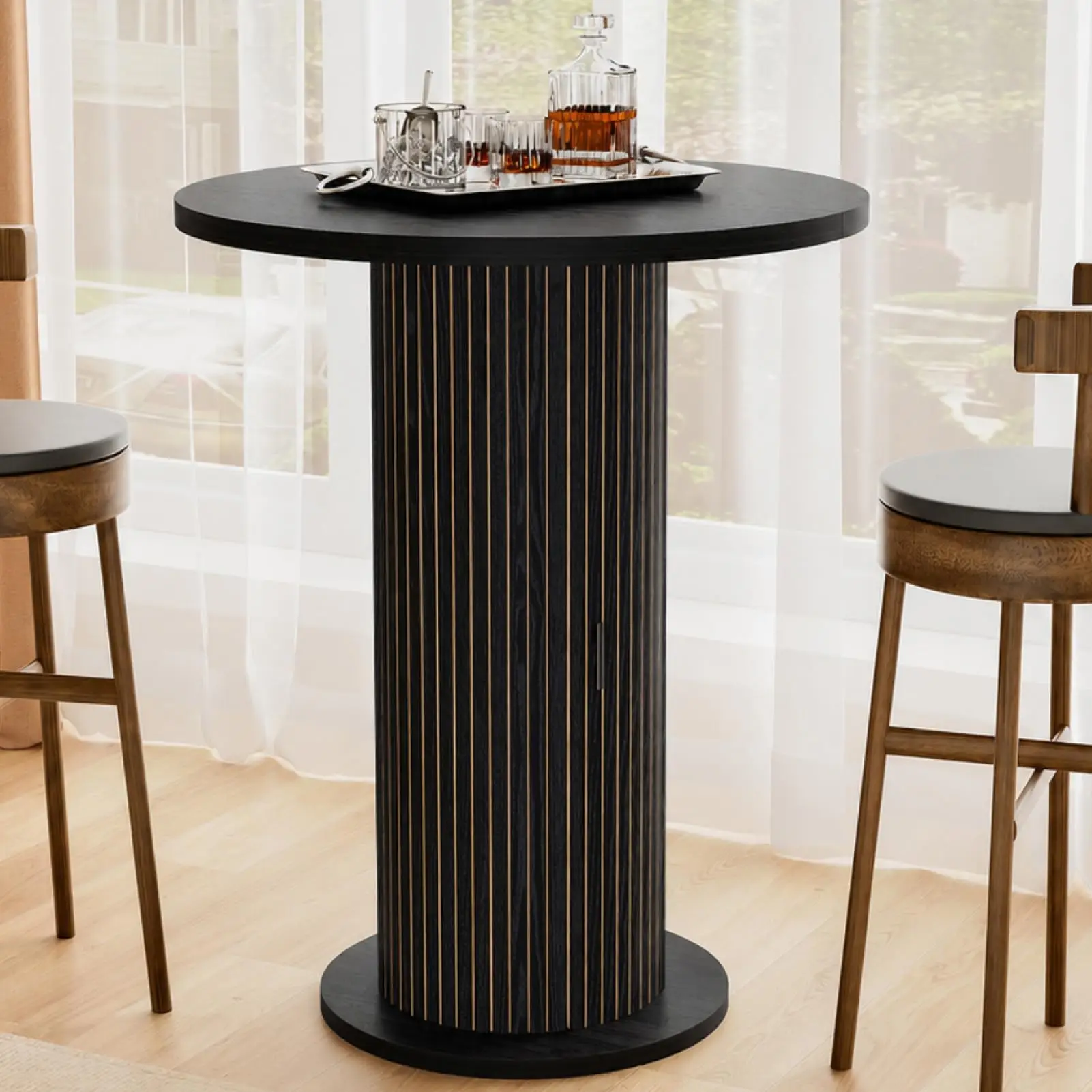 Bar Table with Storage and Sliding Door, 39.4” H 31.5” W Small Round Kitchen Table, Home Bar High Top Cocktail Table
