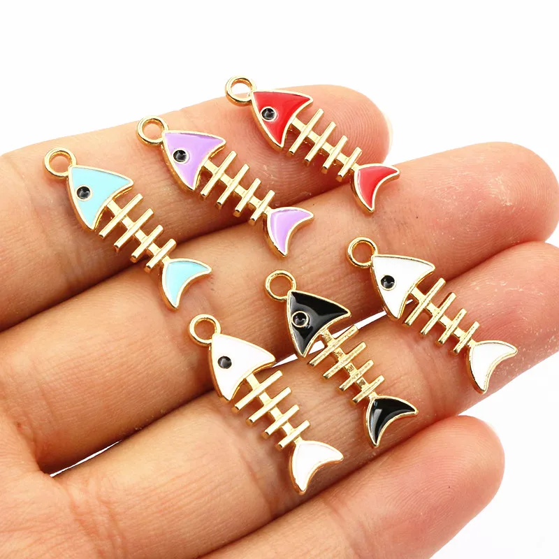 20pcs 24x8mm Random Colors Mix Enamel Fish Skeleton Charms Pendant Alloy Metal DIY Jewelry Making for Bracelet Necklace
