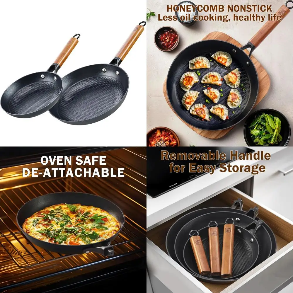 

Nonstick Frying Pan Set, 2-Piece with Detachable Wooden Handle, 8 and 10 Inch Honeycomb Nonstick Surface, Cast Iron Skillet, Aca