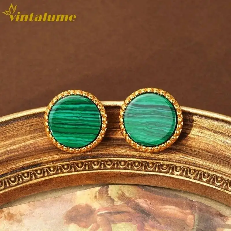 

Модные ювелирные наборы Vintalume: круглый кулон из медь и малахита, серьги-гвоздики, простые изящные аксессуары для женщин.