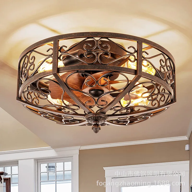 Rustic Ceiling Fan with Light Modern Enclosed Flush Mount Ceiling Fan with Remote Control Reversible Motor for Hallway, Kitchen