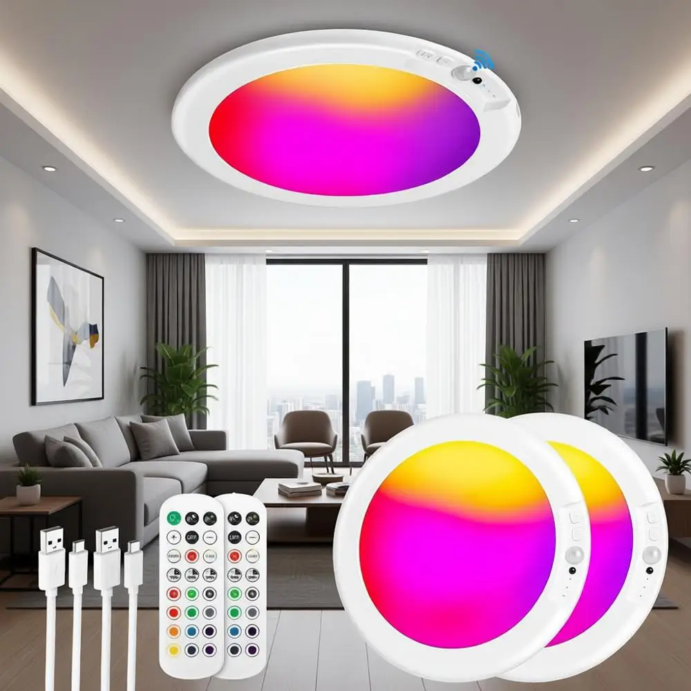 

Rechargeable Motion Sensor Ceiling Light with 12 RGB and Cool White Lights, Battery Operated with Remote, Magnetic Sensor for Cl